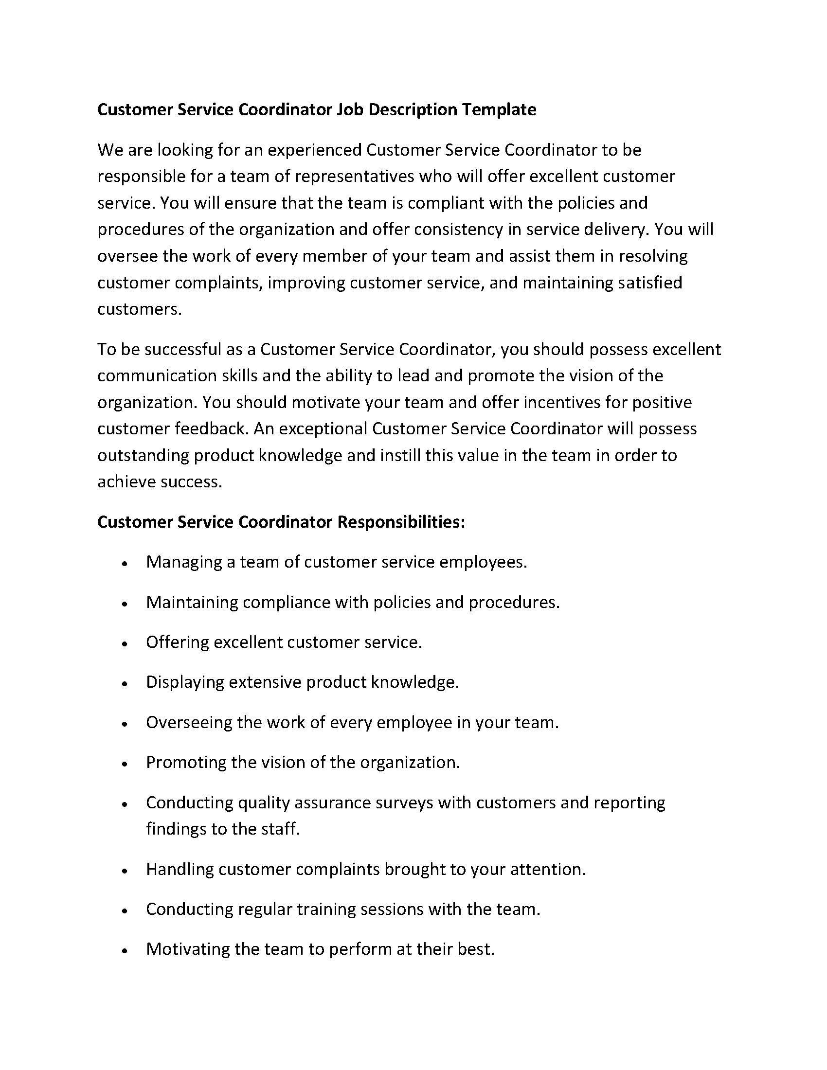 Customer Service Coordinator Job Description Template